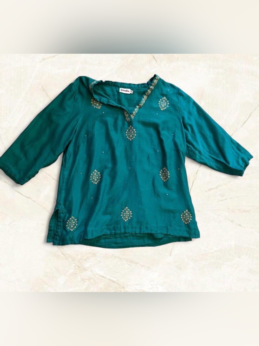 Fabindia Silk Cotton Blend Teal Embroidered Top